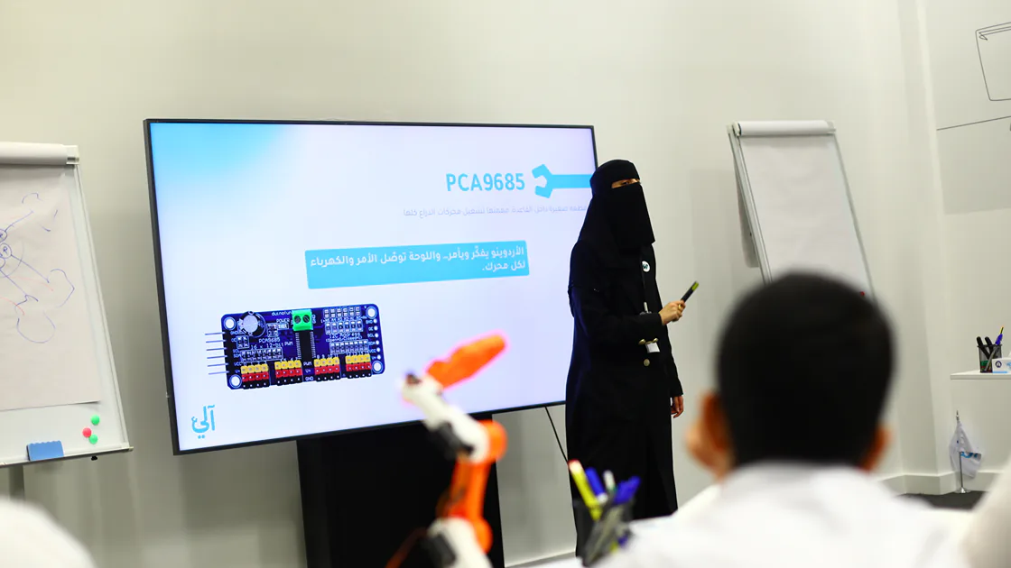 Explaining the robotic arm motor controller board at an Aali training session