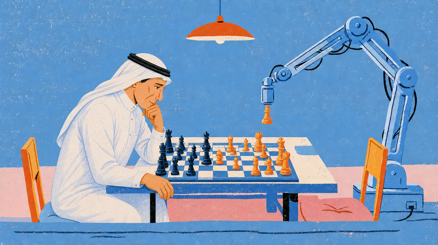 Editorial illustration: a player in Saudi dress thinking through his move opposite a robotic arm lifting a chess piece